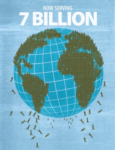 A author named Robert Kunzig writes a long article about the 7 billion people on Earth. He estimated the amount of people in various places and determined the population. This also helped determine the actual carrying capacity of Earth. Also determined how the Earth would soon be inhabited by many people and become a hugely populated planet. 7 Billion People, World Population, Earth Day, On Earth, The Earth, World Map, Planets, Art Print, Book Cover