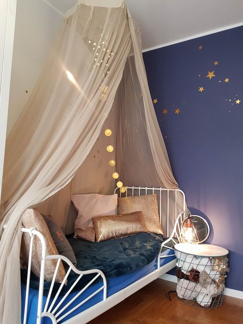 Our metamorfosis of child room. Dark blue wall with a golden stars. Baldachim. Blue And Purple Girls Room, Dark Blue Girls Bedroom, Purple And Blue Room Ideas, Dark Blue Kids Room, Purple Kids Room, Blue Girls Rooms, Dark Blue Rooms, Girls Blue Bedroom, Purple Girls Room