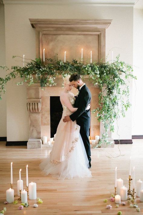 Romantic Ballet Inspired Wedding Wedding Mantle, Ceremony Backdrop Indoor, Candles Reception, Wedding Fireplace, Fireplace Mantle Decor, Indoor Ceremony, Romantic Decor, Ceremony Backdrop, Garland Wedding