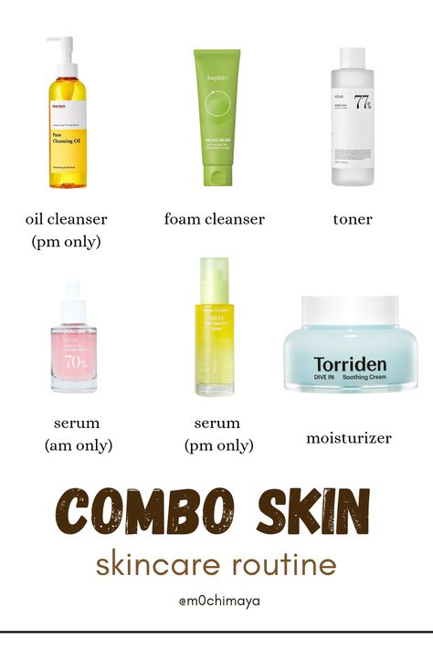 This is a skincare routine for combination skin that's also sensitive, designed to be simple and effective. This routine helps balance oily and dry areas while minimizing irritation. Also don't forget to wear sunscreen everyday!! Combo Skin Care Routine, Skin Care Combination Skin, Skin Care Routine Korean, Combo Skin Care, Everyday Sunscreen, Korean Sunscreen, Uneven Skin Texture, Combo Skin, Cream Serum