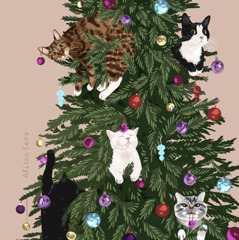 Artist Ukrainian Artist Alissa Levy(born 1992) Resides in Dortmund Germany Xmas Drawing, California Christmas, Watching A Movie, Cat Christmas Tree, Cat Art Illustration, Christmas Tree Art, Christmas Card Art, Pop Art Wallpaper, Merry Christmas To All