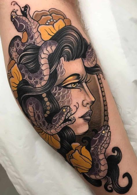 Medusa Tattoos: What Do They Symbolize? (With Images) Traditional Medusa Tattoo, Medusa Tattoos, Greek God Tattoo, Tato Tradisional, Colored Tattoo Design, Backpiece Tattoo, Medusa Tattoo Design, Statue Tattoo, Medusa Tattoo