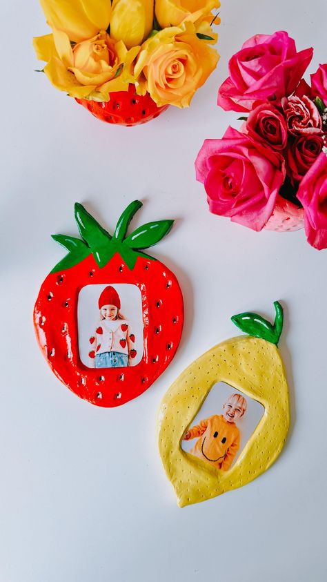 Lydia Rowley | ✨🍋🍓 DIY PHOTO FRAMES 🍓🍋✨ • You guys loved the strawberry vases, so thought I’d share another cute fruity DIY! • I used air dry clay… | Instagram Clay Photo Frame Diy, Clay Picture Frames Diy, Air Dry Clay Picture Frame, Air Dry Clay Frame, Clay Frame Diy, Air Dry Clay Photo Holder, Clay Photo Frame, Air Clay, Diy Air Dry Clay