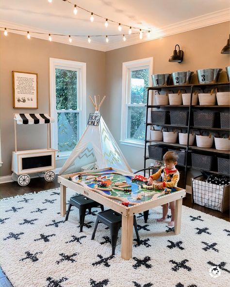 At Home With Jenna on Instagram: “This might be the first time the playroom has been clean since the new year 😜 Thankful for these string lights on this gloomy day! Shop…” Clean Playroom Ideas, Playroom Twinkle Lights, Front Room Playroom Ideas, Playroom/sitting Room Ideas, Boys Playroom Pottery Barn Kids, Dining Room Playroom Conversion, Dining Room To Playroom Conversion, Playroom Tent With Lights, Playroom Tv Room Combo Farmhouse