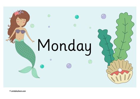 Mermaid Days of the Week Posters  Approximately A4 sized mermaid themed days of the week posters.  An Early Years (EYFS) and Primary School printable teaching resource.  Print Play Learn #mermaid #EYFS #classdisplay Themed Days Of The Week, Class Door Decorations, Mermaid Poster, Class Door, Early Years Foundation Stage, Class Poster, Class Displays, Display Lettering, Classroom Layout