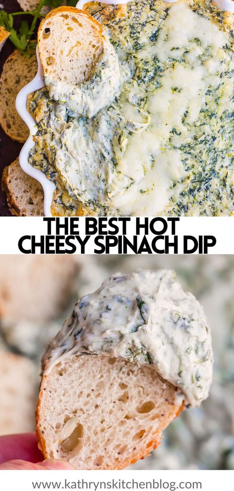 This Cheesy Spinach Dip recipe is the ultimate hot dip appetizer. Made with fresh spinach and a super creamy cheese mixture. Baked until bubbly and served with crusty bread or crackers! Cheesy Spinach Dip, Appetizer Dips Hot, Hot Spinach Dip, Creamy Spinach Dip, Cheesy Spinach, Spinach Dip Recipe, Drink Inspiration, Appetizers Recipes, Amazing Appetizers