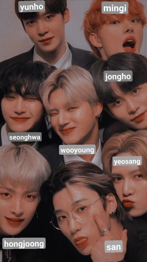 Ateez - Hongjoong, Yunho, Mingi, Seonghwa, Wooyoung, Yeosang, San, Jongho Ateez Names And Faces, Ateez Members Names, Ateez Names, Mingi Seonghwa, San Jongho, Wooyoung Yeosang, Yunho Mingi, Kpop Cards, Kpop Group Names