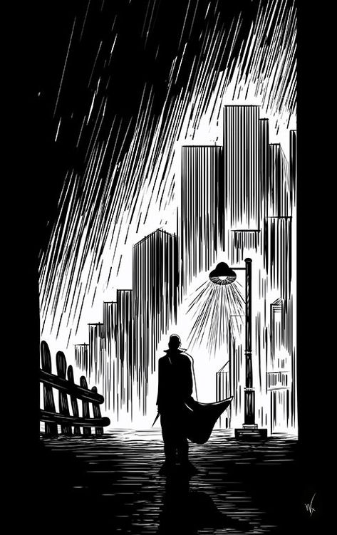 Night City Drawing Sketch, City Ink Drawing, Dark Ink Illustration, Noir City Aesthetic, Sin City Artwork, City Illustration Black And White, Dark City Drawing, Light And Shadow Illustration, City Night Drawing