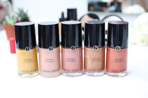 Five liquid colours from the Fluid Sheer Giorgio Armani Collection Armani Fluid Sheer, Seductive Eyes, Gold Smokey Eye, Armani Collection, Makeup Photography, Makeup Swatches, Make Me Up, Beauty Room, Love Makeup