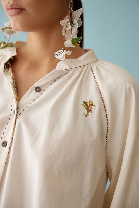 Buy Cream Poplin Thread Embroidered Chinese Collar Raglan Sleeve Shirt For Women by Nikasha Online at Aza Fashions. Chinese Collar Shirt, Raglan Sleeve Shirt, Sanya Malhotra, Chinese Collar, Tarun Tahiliani, Jacqueline Fernandez, Indian Designer Wear, Shirt For Women, Designer Wear