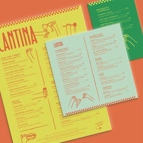 CANTINA 🍝✨ say hiii to the cantina menu & some stickers! I don't have a lot of experience with menu design (especially extensive ones) so really enjoyed challenging myself with this ond and making the layout work well & still look nice ✨ brief by @designerbriefs #dbcantina #designerbriefs ✶ #graphicdesign #graphicdesigner #design #branding #branddesign #branddesigner #brandidentity #brandidentitydesign #logodesigner #logodesigner #logoinspirations #graphicdesigncentral #designeveryday #cre... European Menu Design, Menu Design Mexican, Spanish Menu Design, Taco Menu Design, Colorful Menu Design, Mexican Food Branding, Mexican Restaurant Branding, Food Menu Design Ideas, Colombian Restaurant