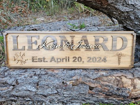 First responders family name signs @ SAWoodcrafting.com Horse Stall Sign, Western Family, Stall Signs, Fire Badge, Harley Davidson Gifts, Last Name Sign, Business Signage, Heirloom Gifts, Personalized Wedding Gift