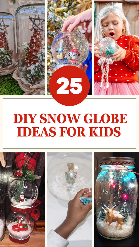 A collage of enchanting DIY snow globe crafts for kids, featuring festive designs with mini Christmas trees, figurines, and sparkling snow effects. Snow Globe Kids Craft, Toddler Snow Globe Craft, Homemade Snow Globes How To Make, Dollar Tree Snow Globe Ideas, How To Make A Snow Globe Diy, Diy Snow Globes For Kids, Mason Jar Snow Globe For Kids, Dollar Tree Snow Globes Diy, Diy Snow Globe With Picture Inside