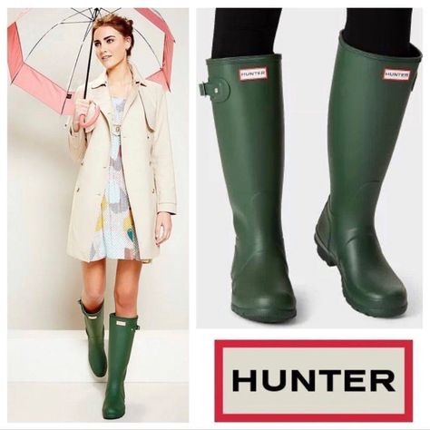 New In Box Hunter Women's Original Tall Waterproof Buckle Matte Rain Boots Us Women’s Size 5 In Hunter Green Step Out In Style With These Green Hunter Women's Original Tall Waterproof Buckle Boots. Perfect For Both Travel And Casual Wear, These Knee-High Boots Feature An Adjustable Buckle Closure And A Solid Pattern That Exudes A Fashionable Outdoor Theme. The Round Toe Shape And Low Block Heel Style Add To The Sleek Design Of The Boots, While The Rubber Outsole Material And Pvc Upper Material M Hunter Rain Boots Outfit Winter, Green Rain Boots For Fall Outdoor Use, Green Rain Boots For Fall Outdoor Activities, Green Rain Boots For Outdoor Fall Activities, Green Rain Boots For Outdoor, Green Fall Rain Boots For Outdoor, Green Rain Boots With Round Toe For Spring, Green Boots For Spring Outdoor Activities, Green Boots For Outdoor Spring Activities