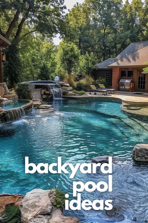 Harmonize your outdoor space with natural pool designs. These backyard ideas emphasize eco-friendly, chemical-free pools that blend beautifully with your garden landscape. Natural Pond Pool Backyards, Natural Pool Designs, Natural Pools Backyard Swimming Ponds, Natural Pool Ideas, Natural Backyard Pools, Swimming Pool Cocktail, Pool Waterfall Ideas, Natural Backyard, Swimming Pool Cost