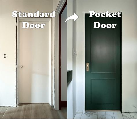 Thinking about turning your door into a pocket door? This is the tutorial for you! Instead of tossing out your standard slab doors - turn it into a pocket door using this step-by-step tutorial. How To Add A Pocket Door, Shaker Style Pocket Door, Bedroom Pocket Door Ideas, Install Pocket Door Diy, Installing Pocket Doors Diy, Pocket Doors Diy, How To Install A Pocket Door, Diy Pocket Door, Pocket Door Handles