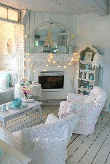 Coastal cottage charm Shed Tiny House Interior, Shed Tiny House, The Boathouse, Small House Interior, Estilo Shabby Chic, White Fireplace, Shabby Chic Living, House Gardens, Shabby Chic Living Room