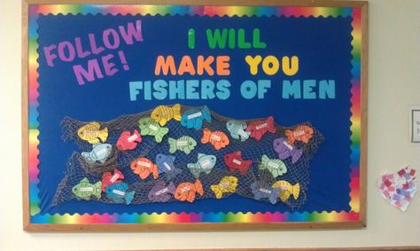 bulletin board: preschool church missions conference fishers of men Fishers Of Men Bulletin Board Ideas, Fishers Of Men Bulletin Board, Fish Bulletin Boards, Religious Bulletin Boards, Sea Backdrop, Missions Conference, Kids Bulletin Boards, Vacation Bible School Themes, Christian Bulletin Boards