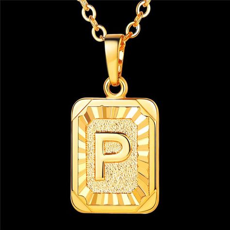 Squared Initial Pendant Necklace Letter P Patterned Jewelry Gift – U7 Jewelry Gold Letter Pendants, Gold Necklace For Men, Locket Necklaces, Shell Ideas, Picture Locket, Rectangle Pendant, Letter U, Letter Pendant Necklace, Tiffany Jewelry