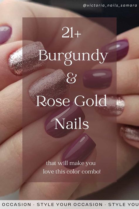 Looking for elegant burgundy nails with designs or glitter? You’ll love this list of burgundy and rose gold nails for every day wear or a special occasion. There’s short and simple almond nails, extravagant acrylic manicures with rose gold foil, glittery French tips, and everything in between! Fall Nails With Rose Gold, Fancy Burgundy Nails, Winter Nails Pink Rose Gold, Mauve And Glitter Nails, Nail Ideas For Burgundy Dress, Glittery Rose Gold Nails, Rose Gold Nails Design Classy Short, Mauve Nails Design Classy, Almond Nails Burgundy Design