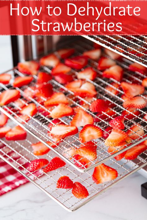 Often called "strawberry chips", these dried strawberries are both healthy and delicious! Making dehydrated strawberries in a food dehydrator is a great way to preserve fruit and also makes for a perfect snack! #dehydratedstrawberries #driedsterawbwrries #dryfruits | recipesworthrepeating.com Strawberries In The Oven, Dehydrating Strawberries, Dehydrate Strawberries, Pantry Stockpile, Emergency Pantry, Oven Dried Strawberries, Preserve Fruit, Dehydrated Strawberries, Shtf Preparedness