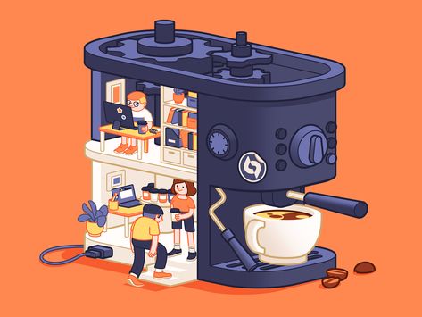 This illustration captures a captivating scene of a busy office life within a coffee machine. It serves as a delightful reminder that, upon entering the office, a marvelous cup of fresh coffee awaits you to kick-start the day with vigor and motivation. With this artwork, we pay tribute to all the office coffee lovers who find inspiration in that first sip of morning brew. Let's work together! Coffee Machine Illustration, Cup Of Coffee Illustration, Coffee Shop Illustration, Office Illustration, Coffee Machine Design, Machine Illustration, Coffee Process, Busy Office, 3d Coffee