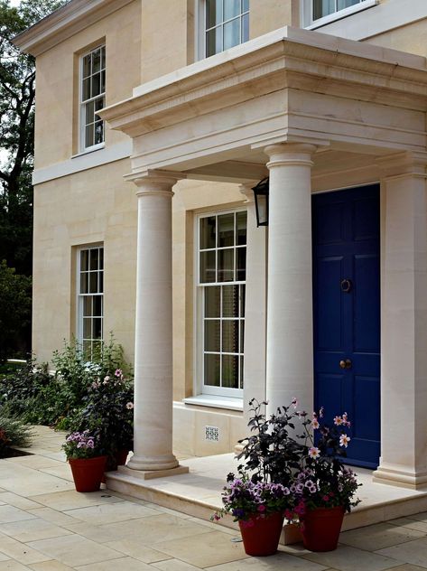 New Regency House Berkshire | Private Architects | ADAM Architecture Front Door With Pillars, Side Door Porch, Georgian Portico, Front Door Surround, Hdb Gate, Adam Architecture, House Pillars, House Columns, Portico Design