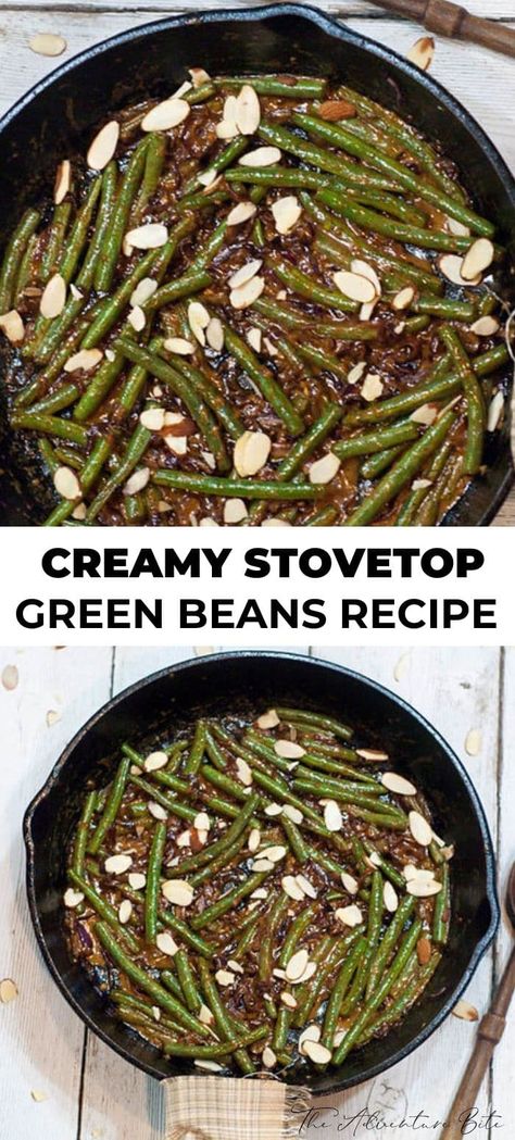 Creamy Stovetop Green Beans-- This one pan recipe pairs fresh green beans with a creamy sauce made with caramelized red onions, garlic, cream, and butter. Top it with crunchy sliced almonds. Stove Top Green Bean Recipes, Stovetop Green Beans, Country Green Beans, Southern Green Bean Recipes, Cheesy Green Beans, One Pan Recipe, Southern Green Beans, Emily Bites, Green Beans With Almonds