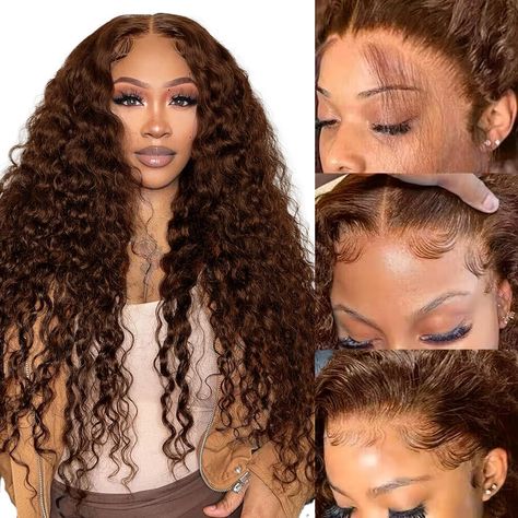 PRICES MAY VARY. Brown Curly Lace Front Wig Human Hair Material:10A Brazilian Virgin Human Hair 100% Unprocessed Remy Hair Collected.Soft and Bouncy,Natural and Healthy.No Smell,No Shedding,No tangle. Can Be Dyed, Curled, Straightened, Styled As You Like. Ombre Lace Front Wigs Human Hair Texture:13x4 HD Transparent Lace Front Wigs Pre Plucked with Baby Hair Natural Hairline,Hair Knots are Very Small and Can be Bleached.Free Part, Can be Restyled to Middle Part or Side Part as You Wish.14inch-32inch Available. Chocolate Brown Curly Wigs Human Hair Lace: Lace Front Wigs Human Hair Colored,Transparent Lace Can Melt Into Any Skins,This Lace is More Thin and Undetectable Can Blend with Anyone’s Skin Tone Who Wears the Wig , Comfortable Against Skin. and it's Beginner Friendly. Cap Size :13x4 HD Brown Curly Wigs, Brown Curly Wig, Brown Lace Front, Curly Lace Frontal, Brazilian Hair Wigs, Hair Knot, Human Hair Color, Curly Human Hair Wig, Curly Lace Front Wigs