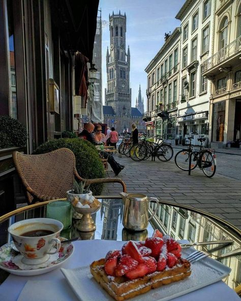 Simple Elegance ~ Good morning....Breakfast with a view in the distance of The Belfry of Bruges -a medieval bell tower in the centre of Bruges, Belgium. Brussels Travel, Europe Aesthetic, Bruges Belgium, Belgium Travel, Europe Summer, City Aesthetic, Travel Inspo, Pretty Places, Dream Destinations