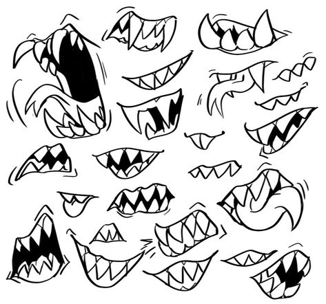 Drawing Teeth Reference, Smile With Sharp Teeth Drawing, Sharp Teeth Smile Drawing, How To Draw Smiles With Teeth, Drawing Sharp Teeth, Monster Teeth Drawing Reference, Teeth Art Reference, How To Draw Sharp Teeth, Scary Teeth Drawing