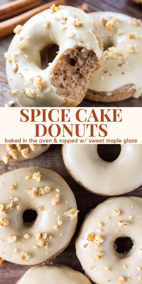 Baked Spiced Donut, Spiced Cake Donut Recipe, Spice Cake Donuts Baked, Spice Cake Donut Recipe, Spiced Donut Recipe, Maple Donut Bars, Spice Cake Mix Donuts Baked, Fall Baked Donut Recipes, Baked Maple Donut Recipes