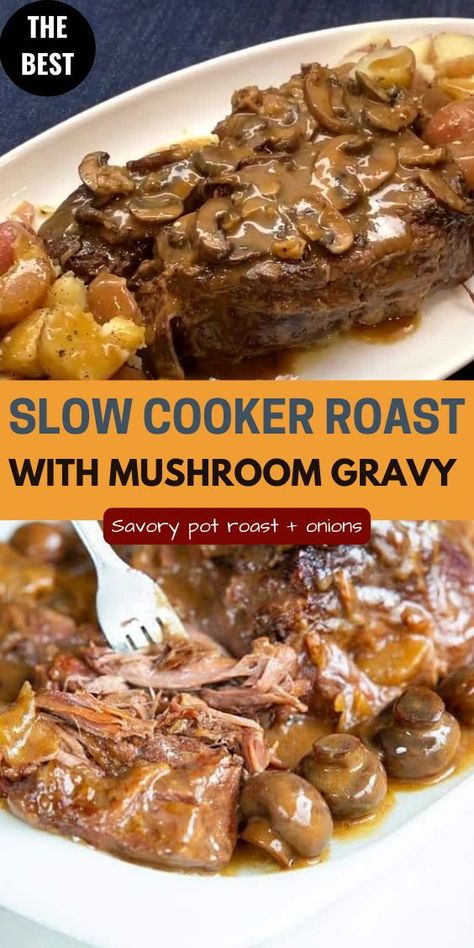 This savory slow cooker pot roast with mushrooms and onions is a crowd pleaser. The meat is tender and the sauce is full of flavor. Beef Chuck Roast Recipes Crockpot Cream Of Mushroom, Beef And Mushroom Slow Cooker, Chuck Roast Mushrooms Crock Pot, Sour Cream Pot Roast, Mushroom Pot Roast Slow Cooker, Slow Cooker Pot Roast With Mushrooms, Crockpot Roast With Mushrooms, Cream Of Mushroom Pot Roast, Moose Roast Slow Cooker