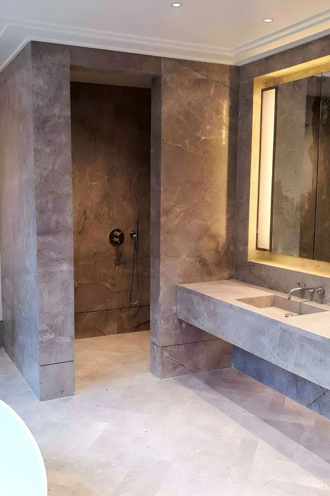 Cement Shower Walls, Concrete Shower Ideas, Cement Floor Bathroom, Polished Concrete Tiles, Polished Cement Floors, Cement Bathroom, Concrete Shower, Polished Cement, Bath Panels