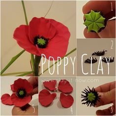 poppy flower utorial-poppy clay-poppy flower for memorial day or ANZAC day in Australia Clay Flowers How To Make, Clay Poppies, Clay Poppy, Poppy Tutorial, Fondant Flower Tutorial, Remembrance Day Poppy, Polymer Flowers, Cold Porcelain Flowers, Polymer Clay Flower Jewelry