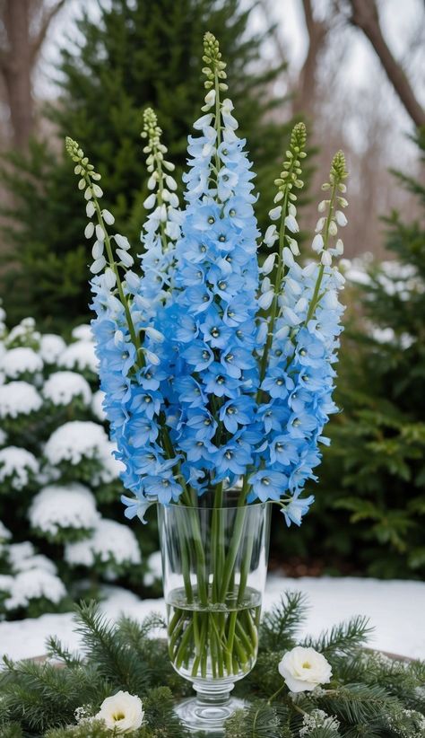 I love creating a cool winter vibe with an icy blue delphinium arrangement. These tall, striking flowers add a frosty touch to any room. Delphinium Arrangement, Blue Floral Arrangements, Floral Arrangement Ideas, Blue Iris Flowers, Purple Blue Flowers, Delphinium Flower, Blue Flower Arrangements, Peonies Centerpiece, Winter Floral Arrangements