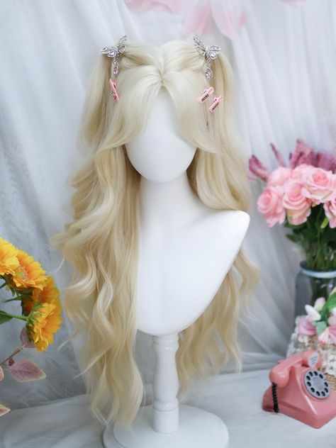 Transform your look with our Light Blonde Curtain Bangs Long Wavy Synthetic Wig. This high-quality wig features soft, cascading waves that exude effortless elegance and volume. The light blonde shade adds a touch of brightness, perfect for creating a radiant, sun-kissed appearance. The curtain bangs frame your face beautifully, providing a trendy and chic style that complements any face shape. Made from premium synthetic fibers, this wig is durable, easy to maintain, and looks incredibly natural Wavy Blonde Hair With Bangs, Aesthetic Wigs, Blond Wavy Hair, Blonde Curtain Bangs, Blonde Hair Wig, Blond Wig, Kawaii Wigs, Hairstyle Examples, Korean Hair Color