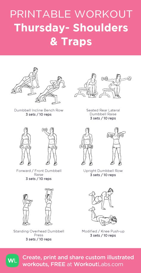 Thursday- Shoulders & Traps: my visual workout created at WorkoutLabs.com • Click through to customize and download as a FREE PDF! #customworkout Standing Overhead Dumbbell Press, Seated Bench Arm Workout, Printable Shoulder Workout, Thursday Gym Workout, Shoulders And Traps Workout, Workoutlabs Printable, Workouts To Do At The Gym, Shoulder Back Workout, Belly Workout Plan