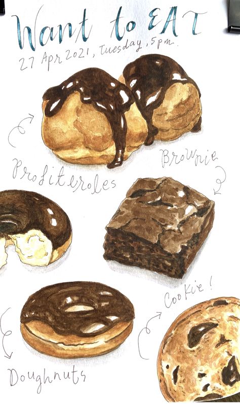 Brownie Drawing Illustrations, Brownie Doodle, Brownie Watercolor, Brownie Drawing, Watercolour Cookies, Brownie Illustration, Cookbook Inspiration, Starbucks Crafts, Recipe Illustration