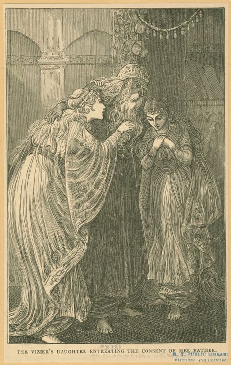 The Vizier's daughter entreating the consent of her father. - NYPL Digital Collections Lady Of Shalott, The Lady Of Shalott, Vampire Illustration, Illustrated Magazine, Tv Horror, The British Library, English Art, History Pictures, Arabian Nights