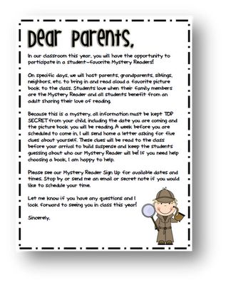 Mystery Readers: love! It would be so great to have my kiddos parents come in and read to us! Plus the clues and suspense would be fun for the kids! Detective Theme, Parenting Style, Parent Involvement, Van Horn, Letter To Parents, Readers Workshop, Meet The Teacher, Teaching Literacy, Classroom Library