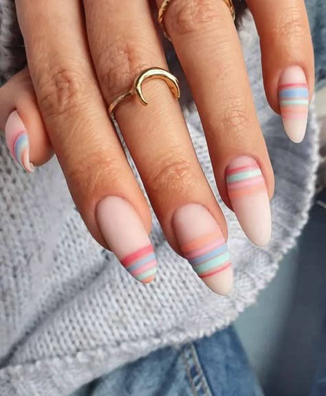 Looking for simple and trendy nails? This list of line art and geometric nails are great for those looking for minimal nails and classy design ideas. There’s gel nails in all shapes including coffin, square, short, long, almond, and more as well as nude, white, pink, blue, colourful, and classic. These line designs are great for spring nails as well as summer, fall, and winter in 2023! Classic Trendy Nails, Summer Stripe Nails, Three Colour Nail Design, Spring Nails Line Design, Neutral Geometric Nails, Spring Geometric Nails, Spring Minimal Nails, Three Tone Nails, French Tip And Solid Nails Combo