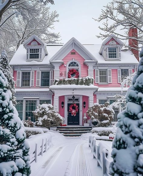 Victorian Style Homes, American Houses, Pink House, Christmas Wonderland, Winter Scenery, Pink Houses, Beautiful Dream, Christmas Scenes, Sims House