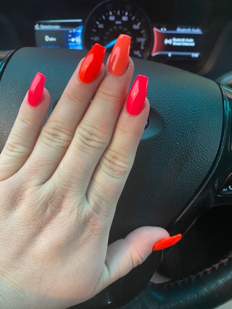 Pink, coral, and orange bright summer 2021 nail color for long or short nails using dip powder. Long Nails Pink, Dip Nail Colors, Multicolored Nails, Dip Nail, Nails Pink, The Claw, Dipped Nails, Color Inspo, Dip Powder