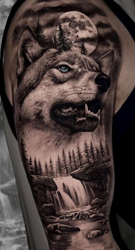 Wolf Theme Tattoo Sleeve, Wolf And Indian Tattoo, Wolf Sleeve Tattoos For Guys, Wolf Viking Tattoo, Half Sleeve Tattoos Wolf, Wolf Pack Tattoo, Wolf Tattoo Forearm, Wolf Tattoos For Women, Wolf Sleeve