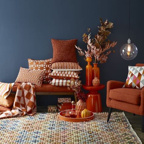 An array of rust toned accessories from West Elm Sleek Fall Colors for the New Season Fall Kitchen Decor, Trendy Living Rooms, Blue Living Room, Decoration Inspiration, Retro Home Decor, A Living Room, Retro Home, Front Room, West Elm