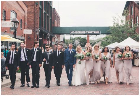 Archeo Distillery District Toronto Wedding | Steph + Justin - sandramonacophoto.com Bridesmaid Dresses And Groomsmen, Champagne Colored Bridesmaid Dresses, Mismatched Groomsmen, Distillery District Toronto, Walking Pose, Boat Neck Wedding Dress, Pose Wedding, Navy Suit Wedding, Walking Poses