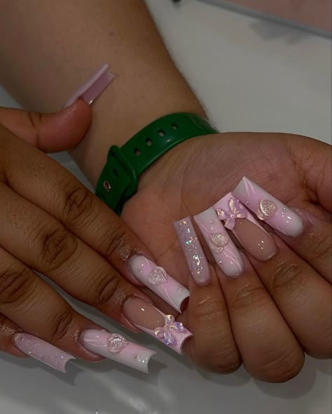 Pink Barbie Nails, Nails Daisy, Quinceanera Nails, Barbie Nails, Long Acrylic Nail Designs, Simple Acrylic Nails, Baddie Nails, Long Acrylic Nails Coffin, Long Square Acrylic Nails