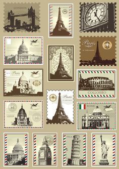 Vintage Journal Stickers, Vintage Aesthetic Stickers Printables, Journal Materials, Tower Drawing, Kertas Vintage, Vintage Paper Printable, Suitcase Stickers, طوابع بريد, Vintage Scrapbook Paper