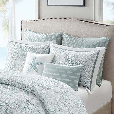 Bring the ocean into your home with the Harbor House Maya Bay Collection. This 100% cotton square pillow features a white ground and embroidery on the face creating a seashell that pops off the pillow and is the perfect addition to the Maya Bay bedding set that is sold separately. This item is also OEKO-TEX certified, meaning it does not contain any harmful substances or chemicals, ensuring quality comfort and wellness. Spot clean or dry clean for best care.• Coordinating Maya Bay oblong decorat Maya Bay, Cotton Comforter Set, Blue Comforter Sets, Seafoam Blue, Blue Pillows Decorative, Harbor House, Koh Chang, Ao Nang, Coastal Bedrooms